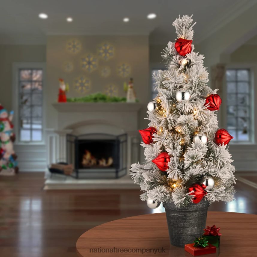 Trees | National Tree Company Pre-Lit Artificial Christmas Tree Green Snowy Bristle Pine White LED Lights Decorated with Pine Cones Ball Ornaments Includes Pot Base Battery Operated 3 Feet F2L